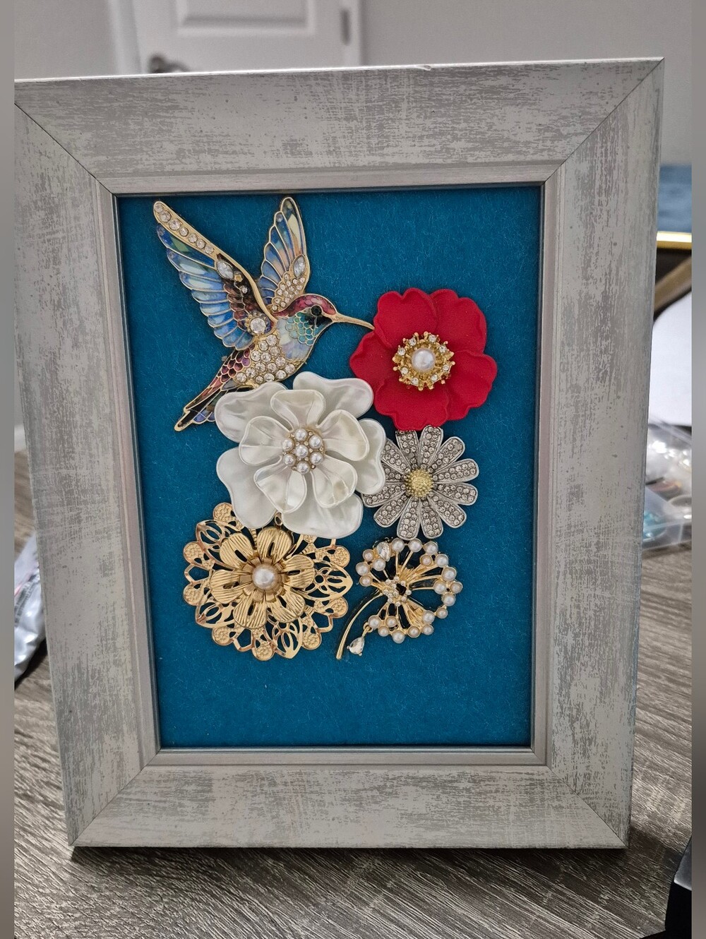Framed Hummingbird & Floral Brooch Art in Teal